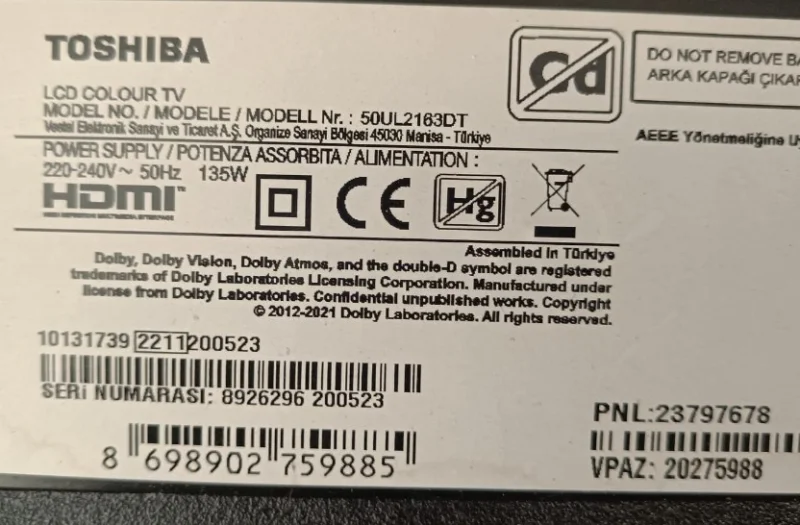 23831294 , 17mb180e, Toshiba 50ul2163dt/2 Anakart