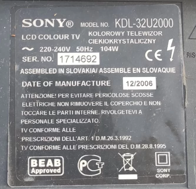 A-1189-415-A  , Sony KDL-32U2000 Power Board Besleme