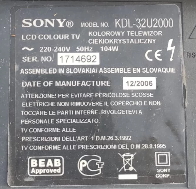 1-871-493-2, SONY KDL-32U2000 Kumanda Gözü IR