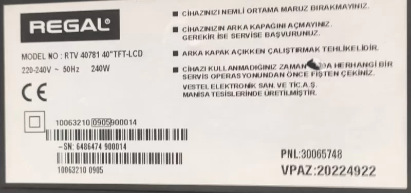 U84PA-E0007444G Regal RTV40781 İnverter Board