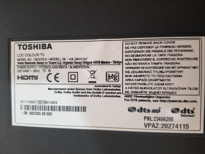  TOSHIBA 43L2863DAT,17WFM07,BLUTOTH,WİFİ MODÜLÜ,KUMANDA GÖZÜ ALICI SENSÖR