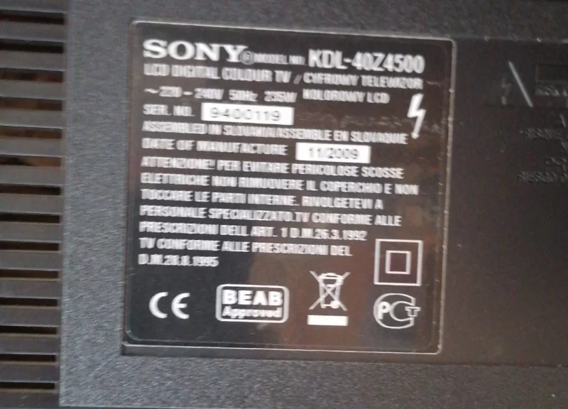 1-877-271-12, SONY KDL-40Z4500 POWER BESLEME