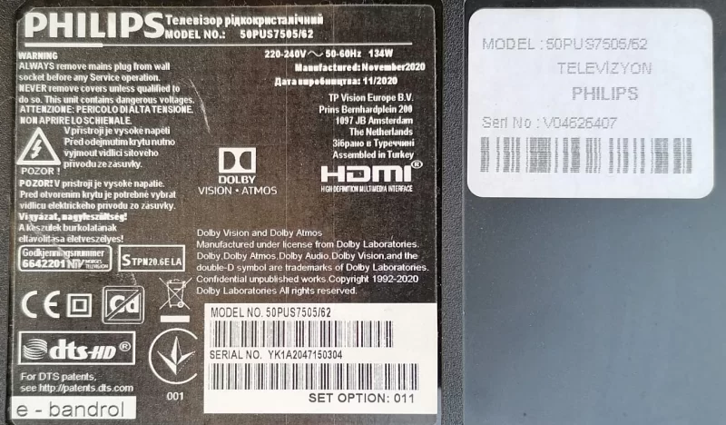 CV500U2-T01-CB-1, PHİLİPS 50PUS7505/62 T-CON BOARD