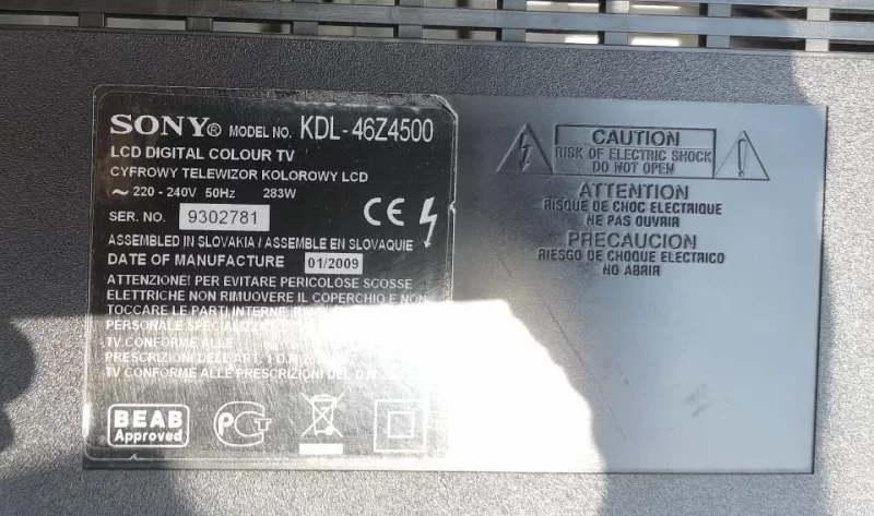 1-877-271-12, SONY KDL-46Z4500 POWER BESLEME