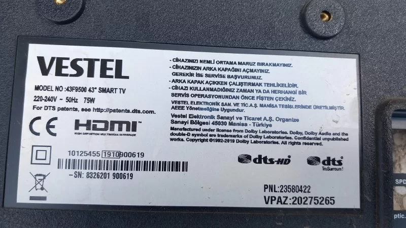 HV430FHB-N10, 476021249, VESTEL 43F9500 T-CON BOARD