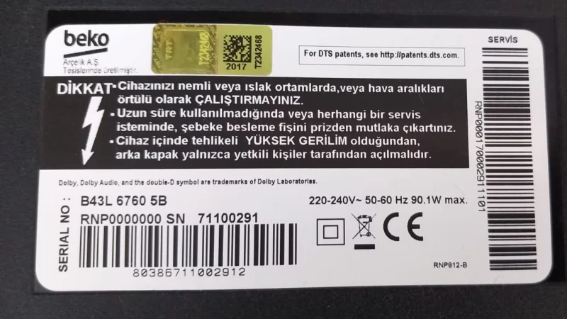 ZG7190R-9, RNPACZ, BEKO B43L 6760 5B MAİNBOARD ANAKART