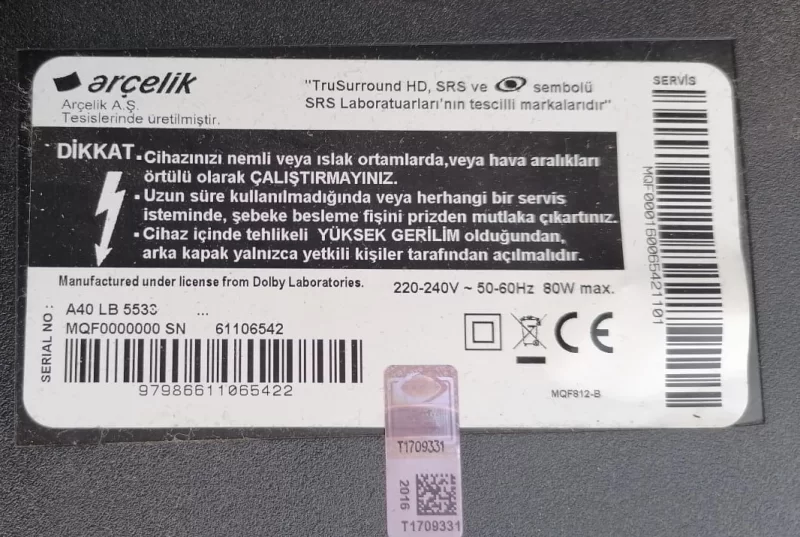 VTY190R-6, K6YBZZ, ARÇELİK A40 LB 5533 MAİNBOARD ANAKART