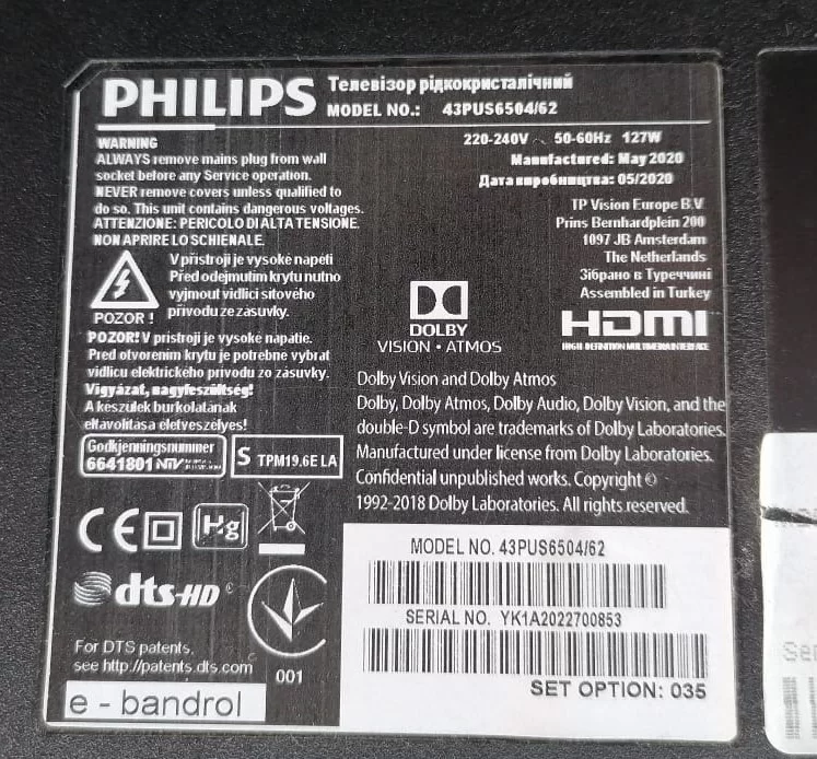 715G9907-M01-B03-005G, PHİLİPS 43PUS6504/62 anakart Mainbord