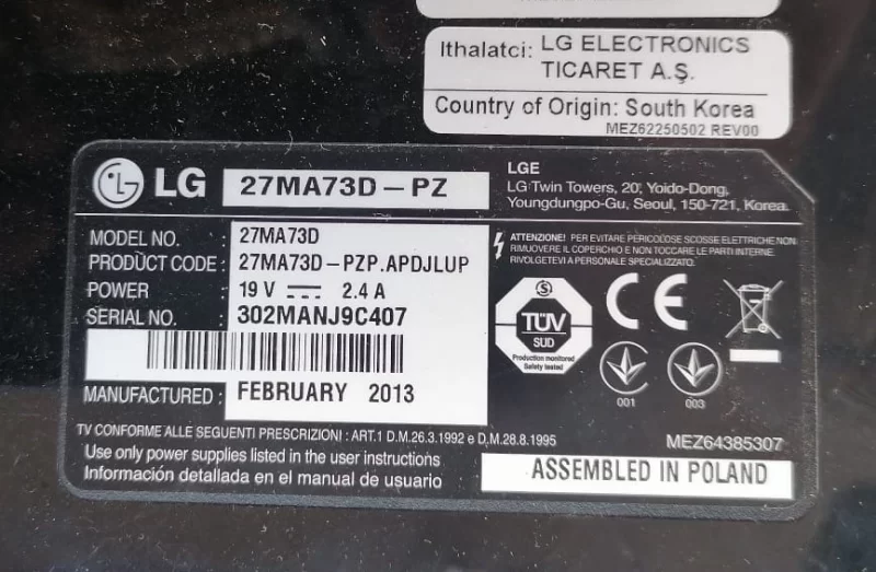 EAX65048803 (1.0), EBU62025208, LG 27MA73D-PZ MAİNBOARD ANAKART