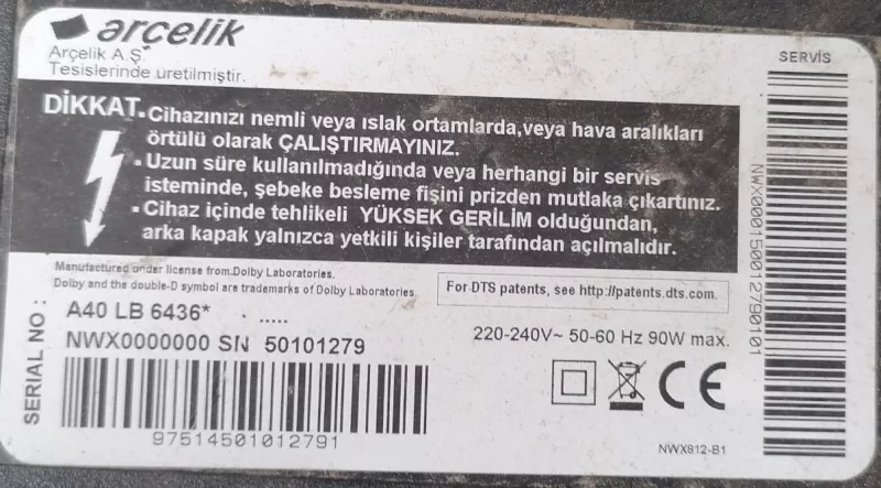 VKT190R-4, F7G9ZZ, ARÇELİK A40 LB 6436 MAİBOARD ANAKART