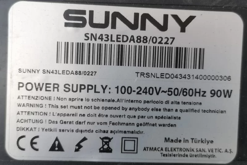 HV430QUB-H11, 476021188, SUNNY SN43LEDA88/0227 T-CON BOARD