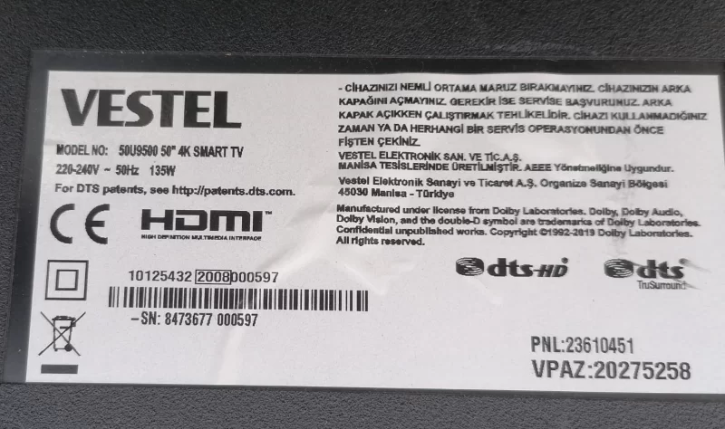17MB230, 10125432, VESTEL 50U9500 MAİNBOARD ANAKART