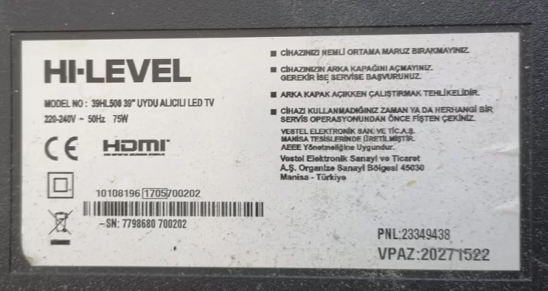 17MB82S, 10108196, 23399136, HI-LEVEL 39HL500 MAİNBOARD ANAKART