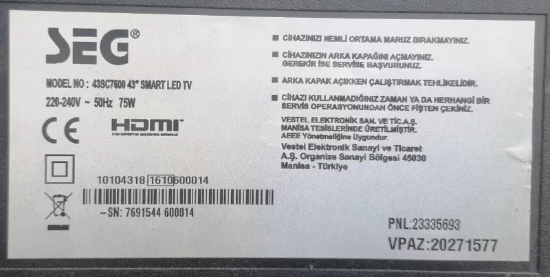 T430HVN01.0, 43T01-C0B, SEG 43SC7600 T-CON KARTI