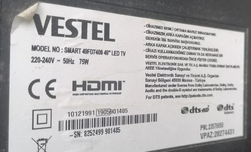 17MB97, 10106277, 23351557, VESTEL 49FD7400 MAİNBOARD ANAKART