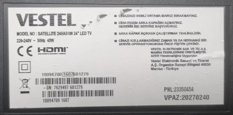 17MB82S, 10094700, 23354286 VESTEL 24HA5100 MAİNBOARD ANAKART