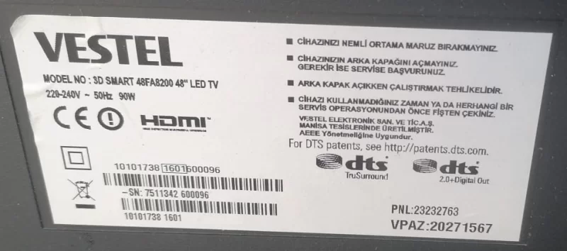 17MB96, 10101738, 23322269, VESTEL 48FA8200 MAİNBOARD ANAKART