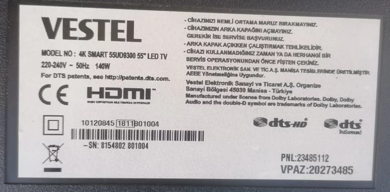 17MB130, 23489998, 10120845, VESTEL 55UD9300 MAİNBOARD ANAKART