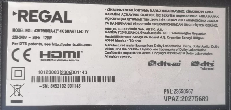 17MB130E, 10128803, 23650565, REGAL 43R7560UA MAİNBOARD ANAKART