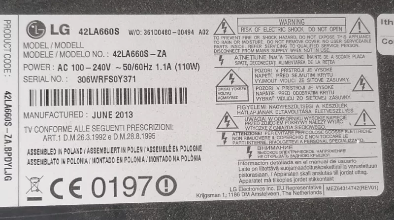 EAX647905701 (2.3), LG 42LA660S POWER BESLEME