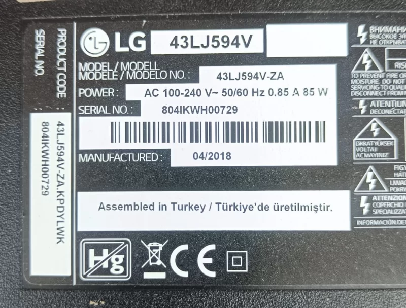 EAX67129604 (1.0), LG 43LJ594V MAİNBOARD ANAKART