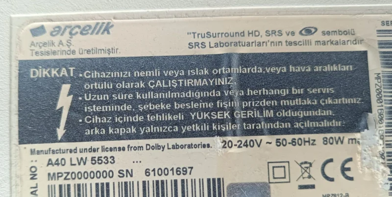 VTY190R-6, K6YBZZ, ARÇELİK A40 LW 5533 MAİNBOARD ANAKART