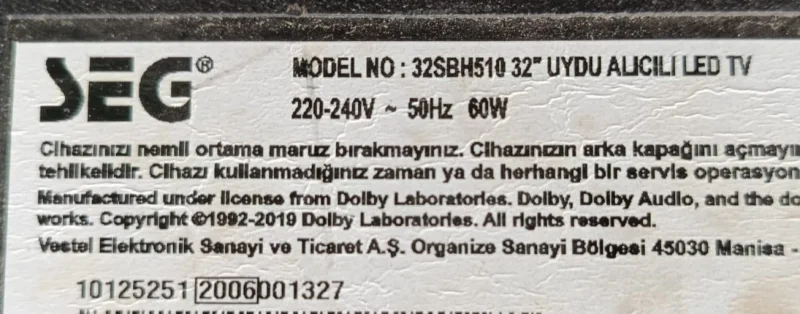 17MB140TC, 10125251, 23623541, SEG 32SBH510 MAİNBOARD ANAKART