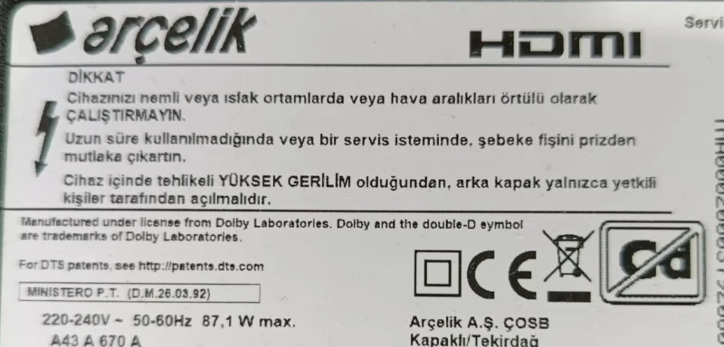 ZNG190R-2, TMABHZ, ARÇELİK A43 A 670A MAİNBOARD ANAKART