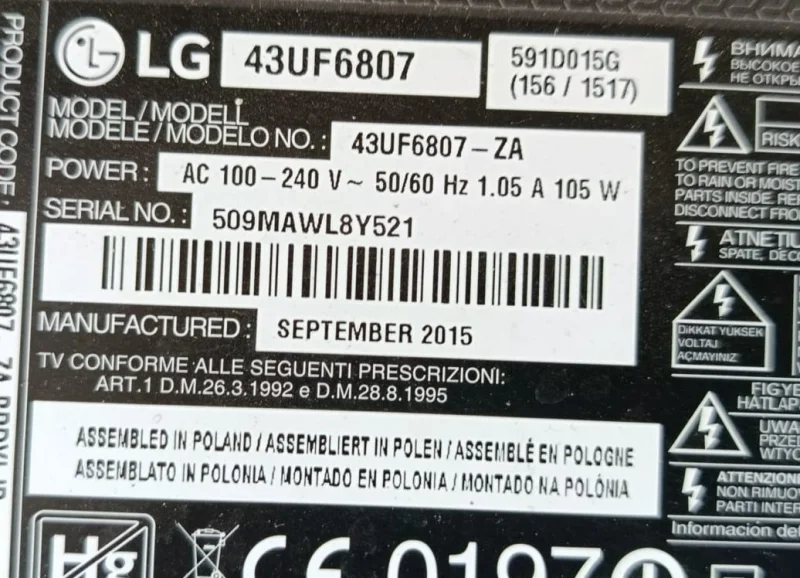 EAX66453801 (1.7), LGP43E-15UL2, LG 43UF6807 POWER BESLEME