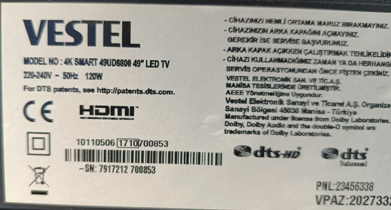 17MB130P, 23460264, 10110506, VESTEL 49UD8800 MAİNBOARD ANAKART