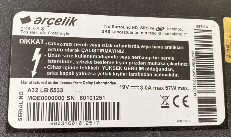 VTY190R-6, GI4FZZ, ARÇELİK A32 LB 5533 MAİNBOARD ANAKART