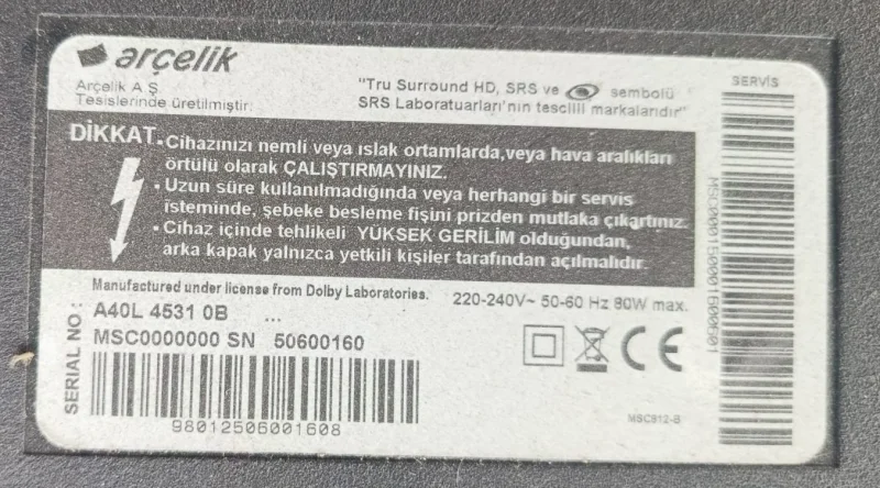 VTY190R-6, G899ZZ ARÇELİK A40L 4531 OB MAİNBOARD ANAKART