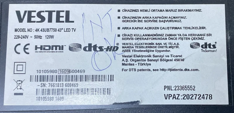 17MB120, 10105980, 23369151 VESTEL 43UB7750 MAİNBOARD ANAKART