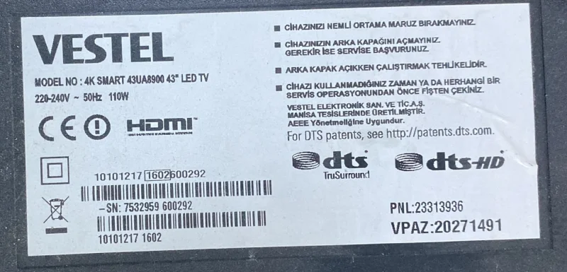 17MB100, 10101217, 23315539 VESTEL 43UA8900 MAİNBOARD ANAKART