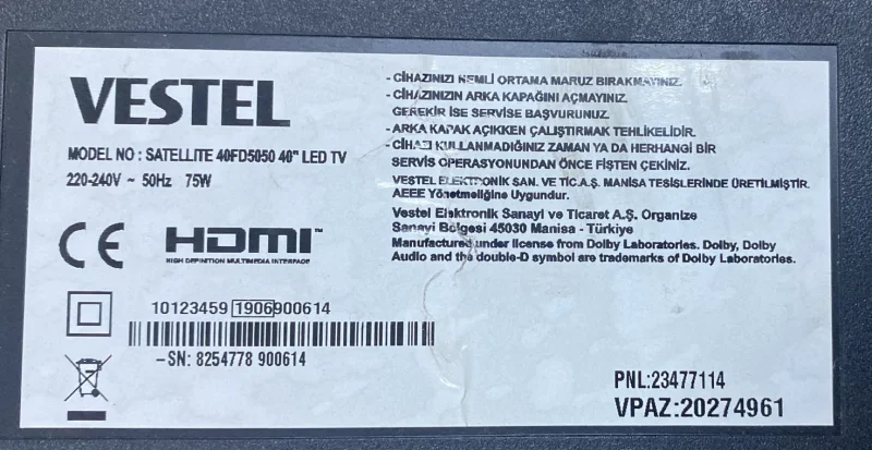 17MB140, 10123459, 23477144 VESTEL 40FD5050 MAİNBOARD ANAKART