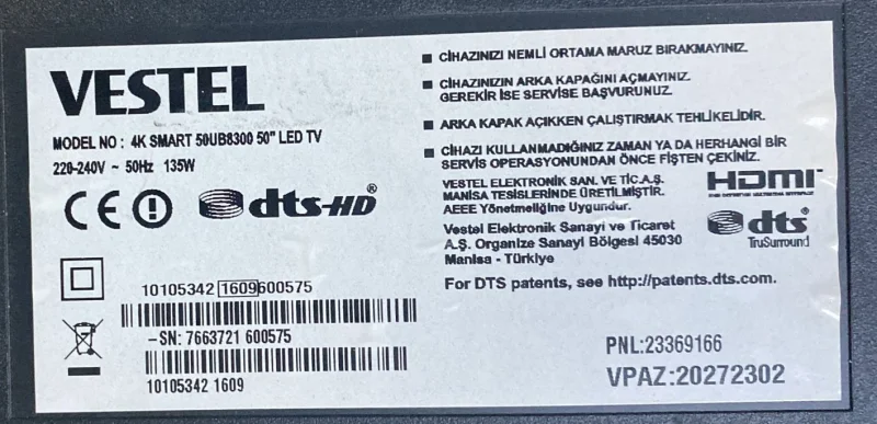 17MB120, 10105342, 23362859 VESTEL 50UB8300 MAİNBOARD ANAKART