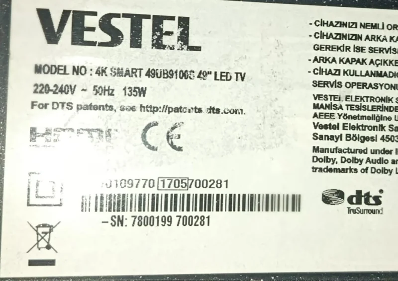 17IPS72, 27795008, 23329283 VESTEL 49UB9100 POWER BESLEME