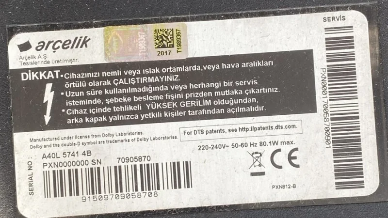 ZNS190R-6, PXN3ZZ ARÇELİK A40L 5741 MAİNBOARD ANAKART