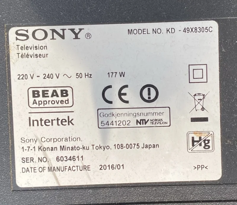 APS-386, 1-894-795-11 SONY KDL-49X8305C POWER BESLEME